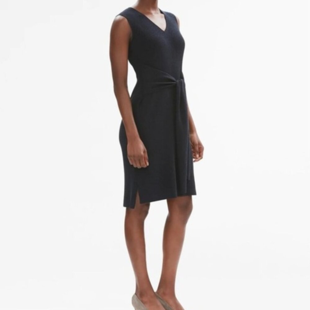 MM.LaFleur Chell Dress Large Navy Blue Sleeveless Knit Tie Waist Midi Career Wor